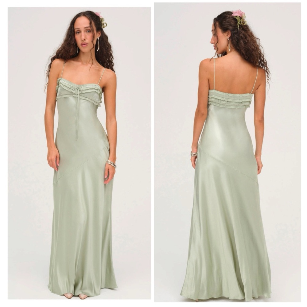 NWT For Love & Lemons Natalie Maxi Dress – Desert Sage Silk Slip Dress SIZE:MED - Picture 2 of 9